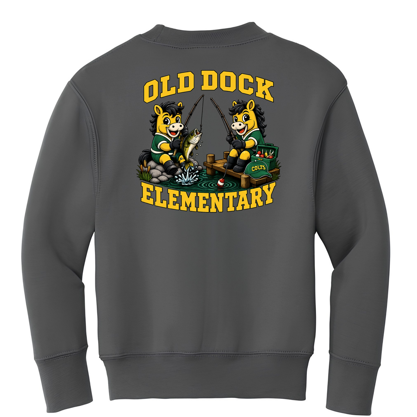 Youth Old Dock Elementary Colts Fishing Mascot Spirit Shirt – Youth Charcoal Sweatshirt