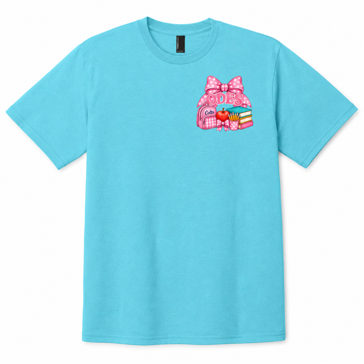 Adult- Old Dock Elementary Pink Bow School Spirit Shirt Color Blue Wave
