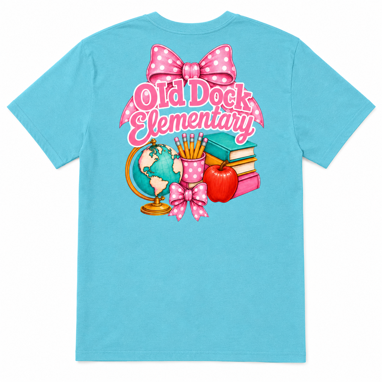 Adult- Old Dock Elementary Pink Bow School Spirit Shirt Color Blue Wave