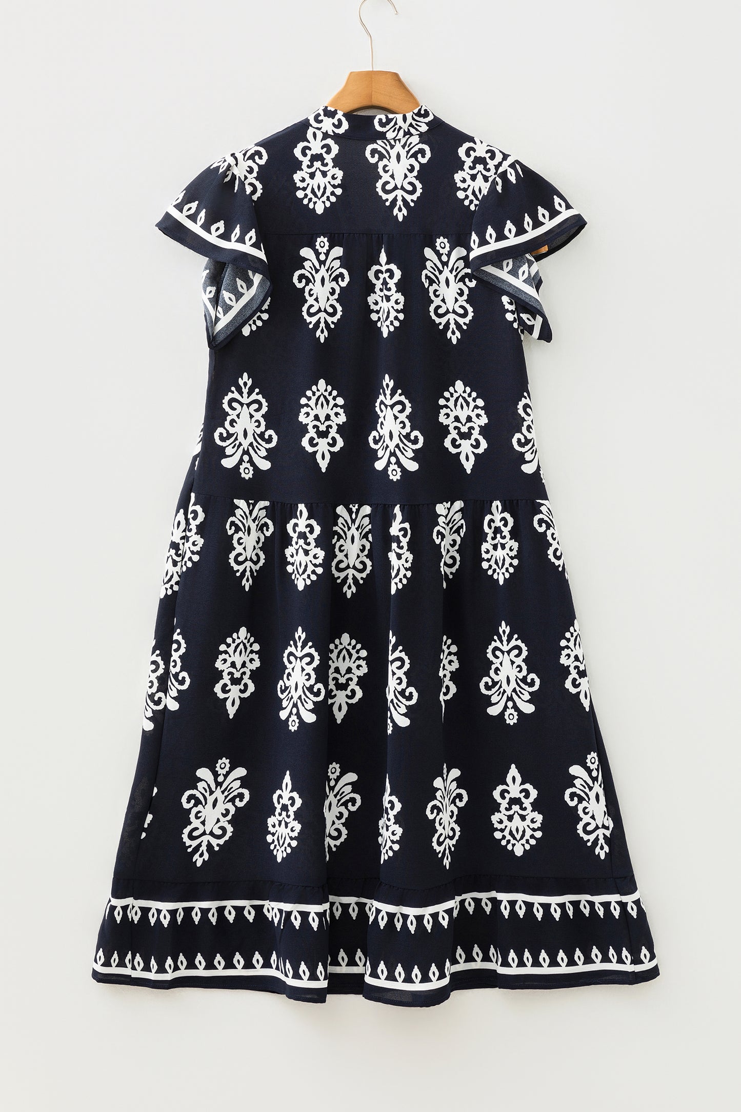 Blue Western Ethnic Print Notched Neck Short Sleeve Midi Dress