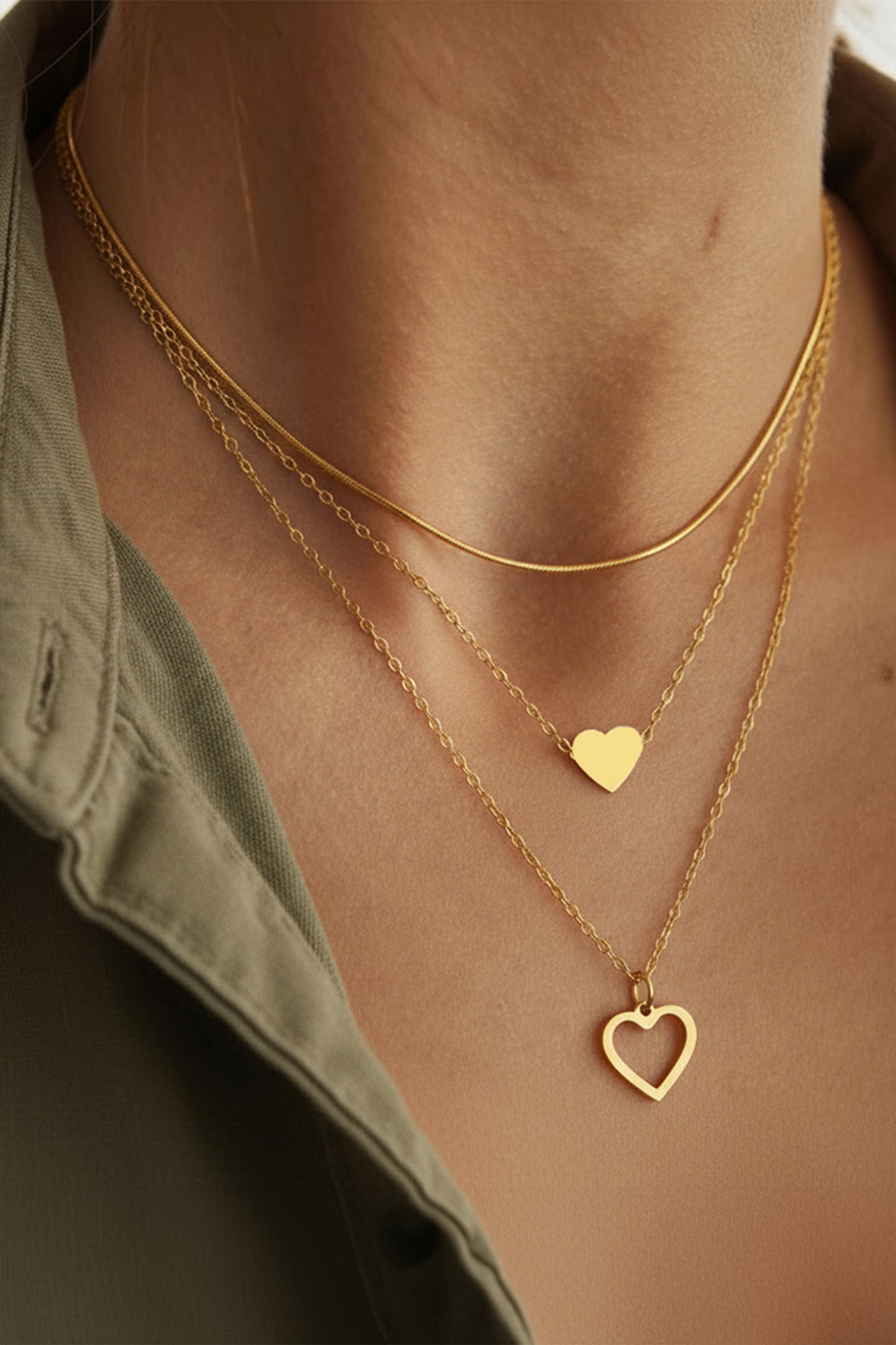 Gold Plated Triple Layered Heart Necklace Set