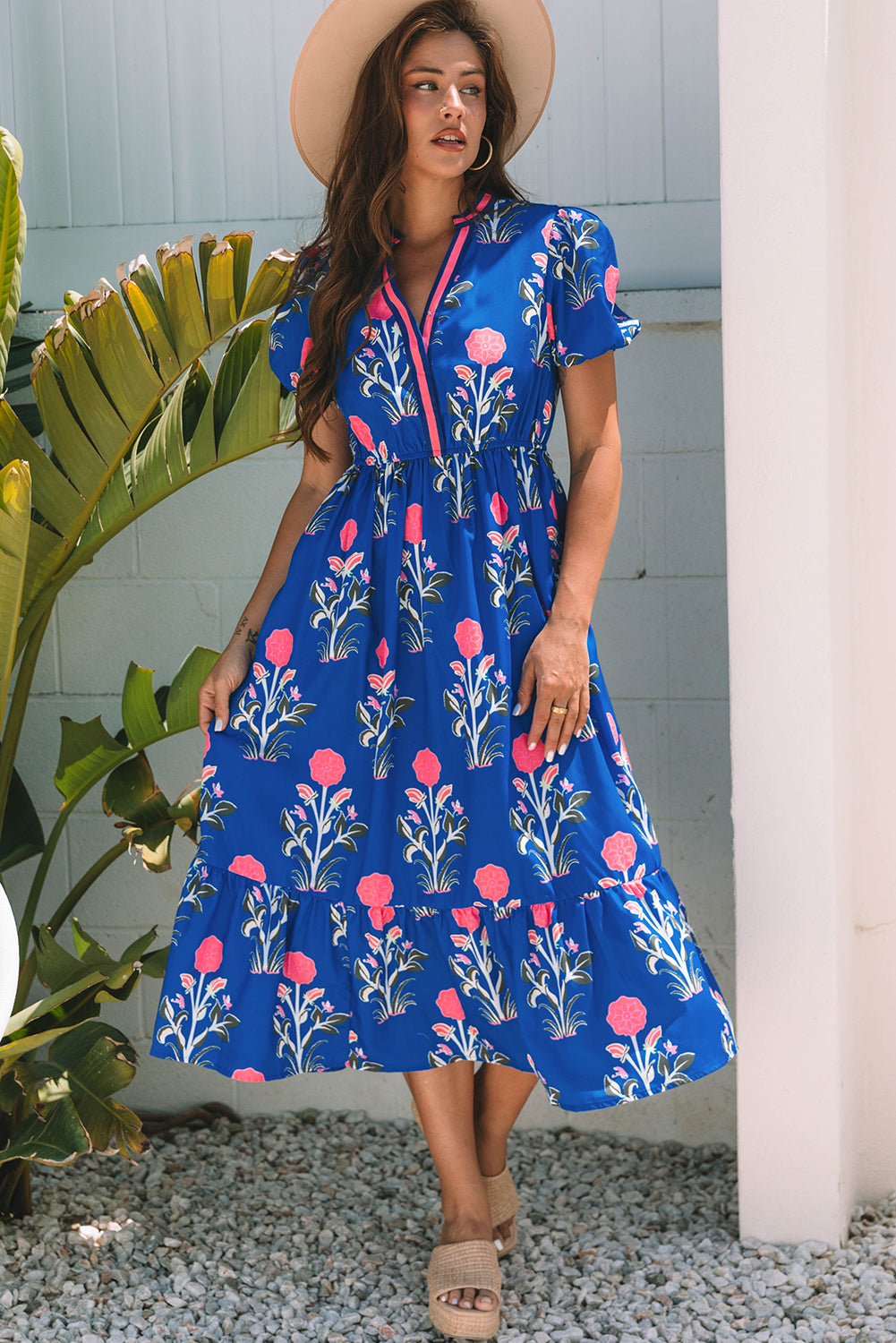 White Floral Puff Short Sleeve V Neck High Waist Maxi Dress