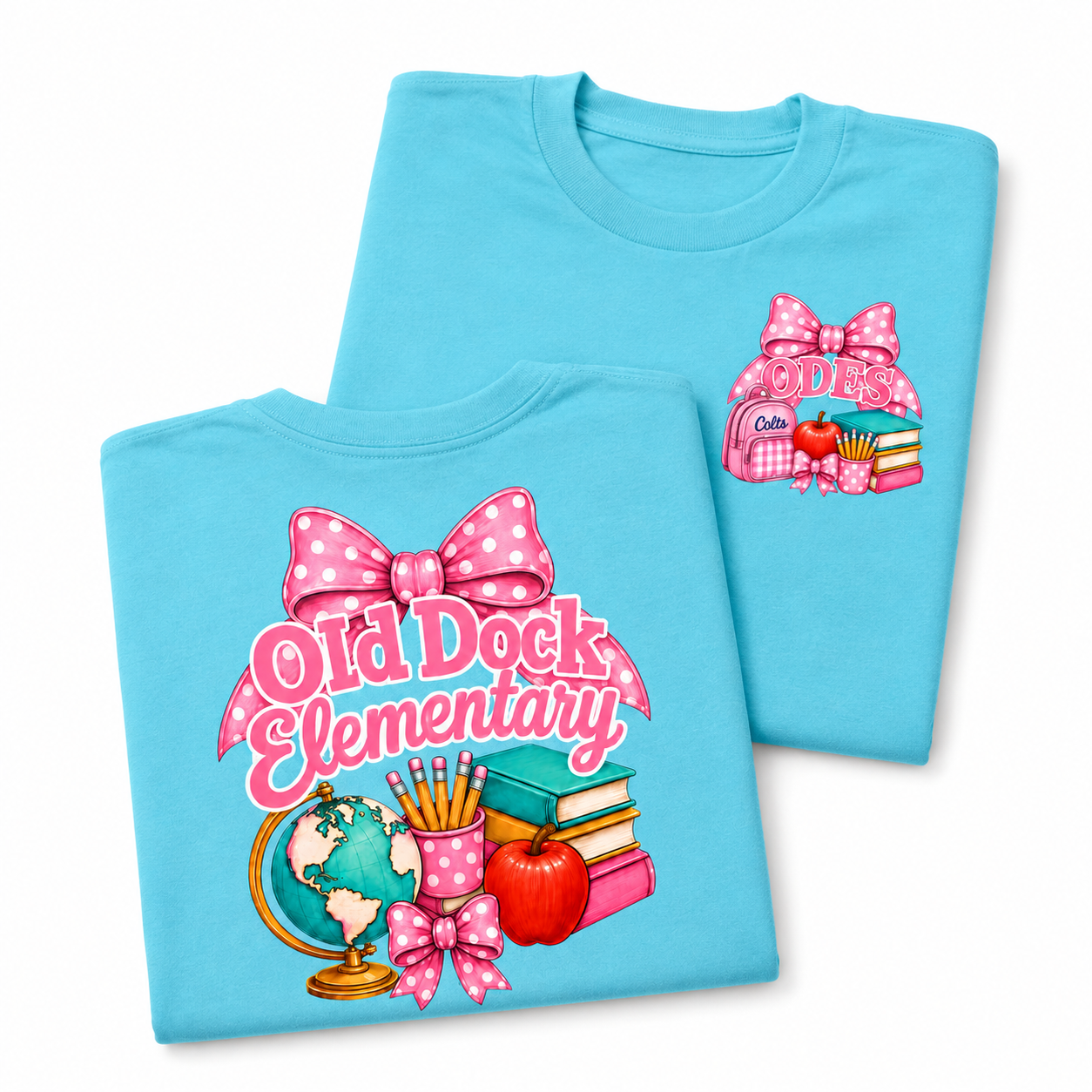 Adult- Old Dock Elementary Pink Bow School Spirit Shirt Color Blue Wave