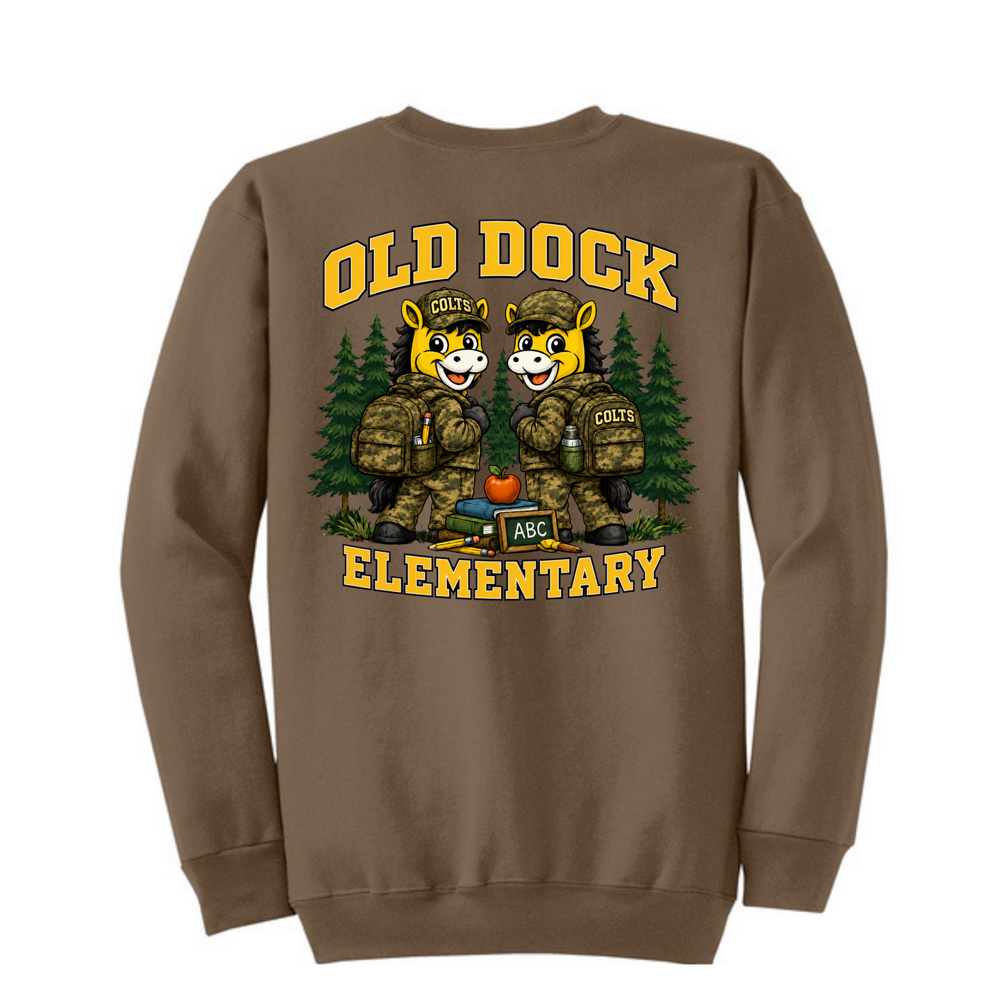 Adult Old Dock Elementary School Colts Camo Mascot Sweater