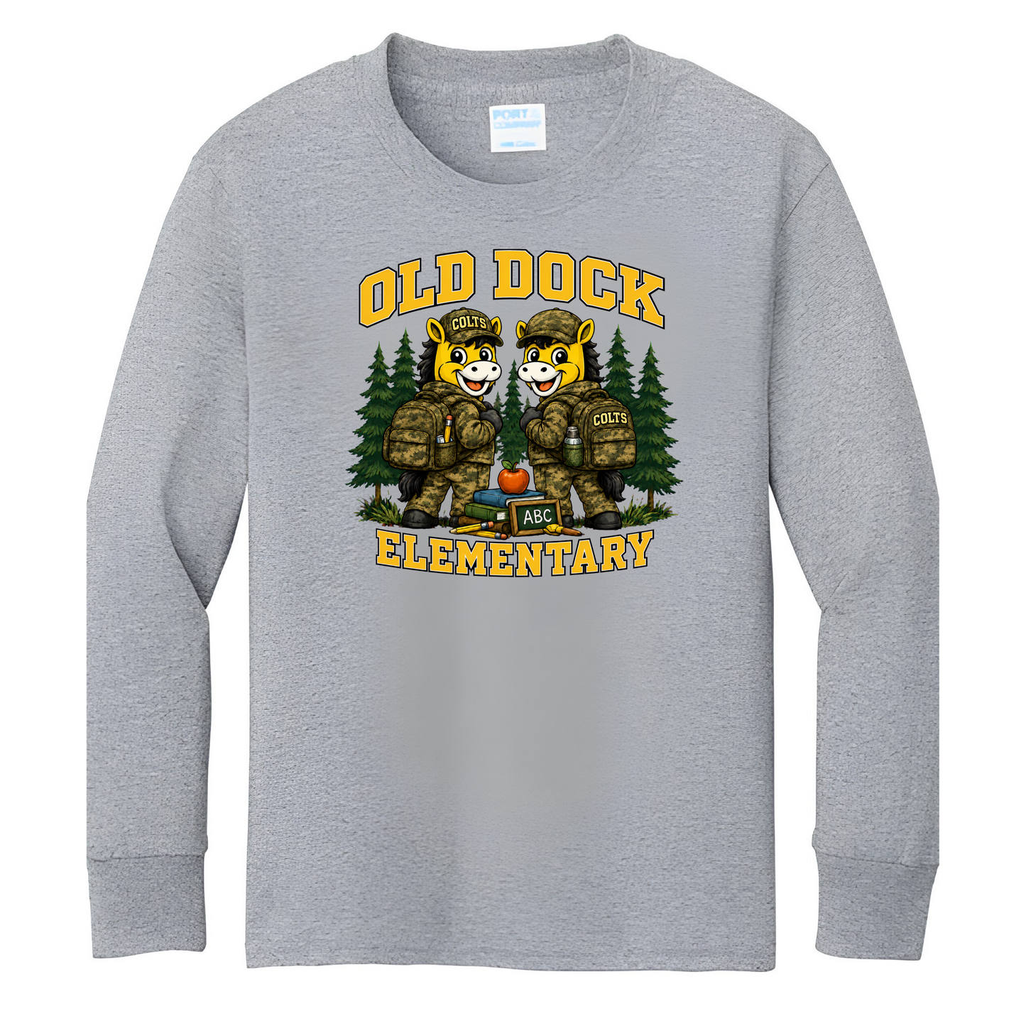 Youth Old Dock Elementary School Colts Camo Mascot Long Sleeve