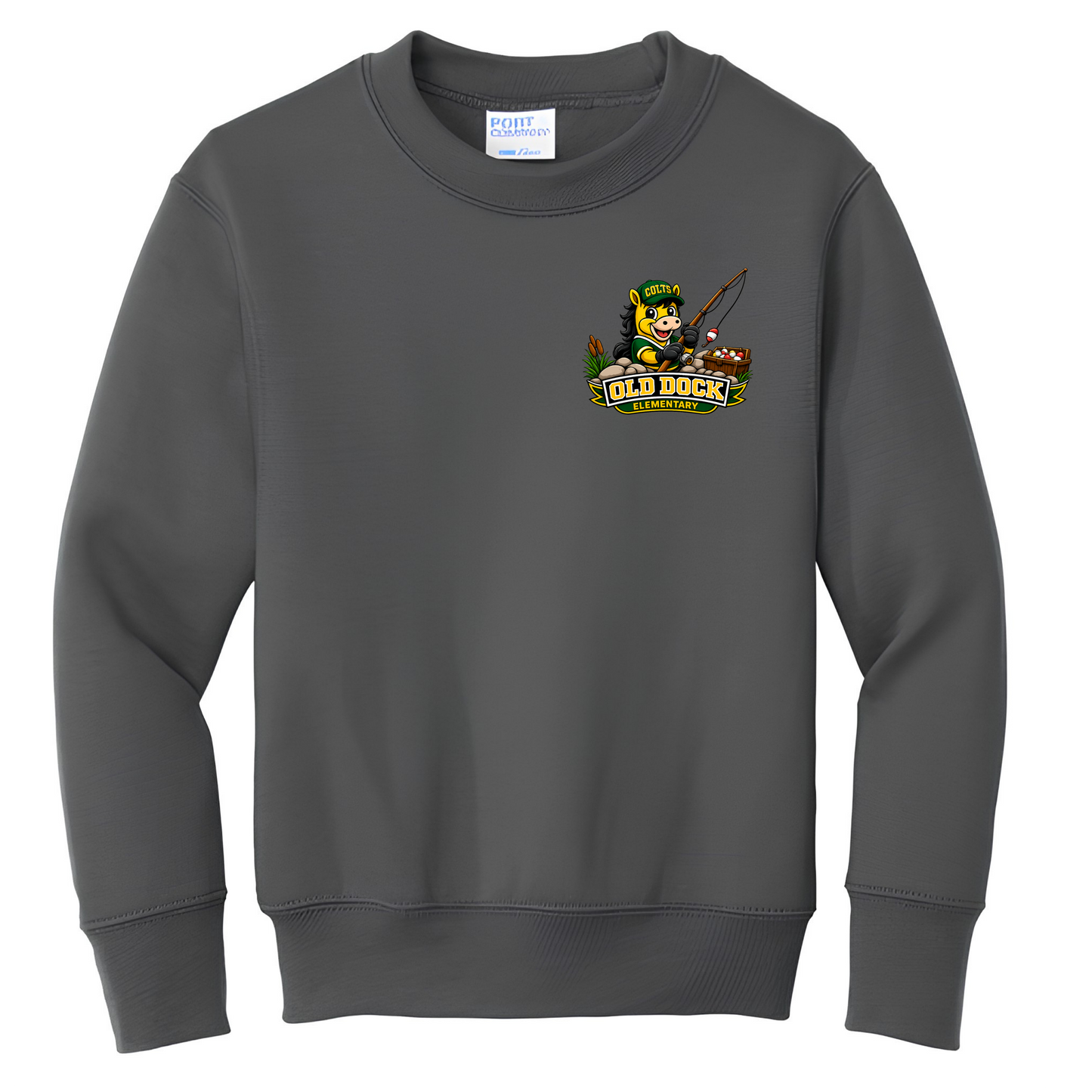 Youth Old Dock Elementary Colts Fishing Mascot Spirit Shirt – Youth Charcoal Sweatshirt