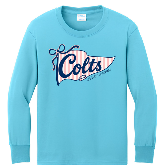 Youth Old Dock Elementary Colts Youth Spirit T-Shirt – Long Sleeve Aqua Blue