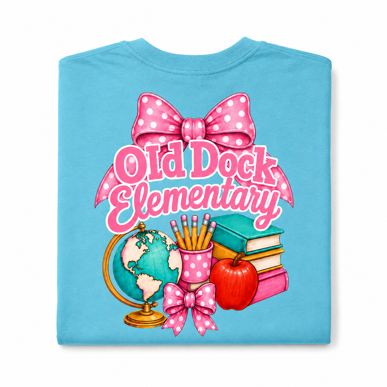 Adult- Old Dock Elementary Pink Bow School Spirit Shirt Color Blue Wave