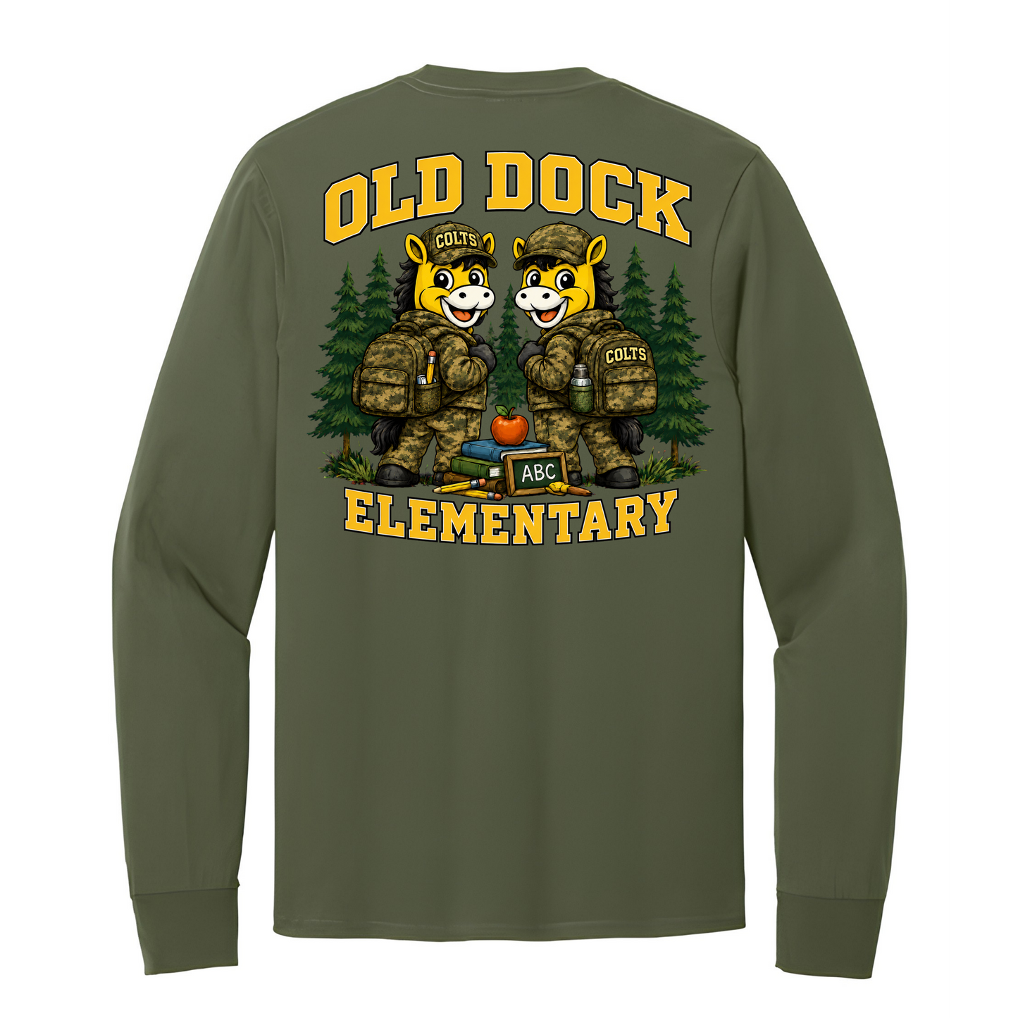 Adult  Old Dock Elementary School Colts Camo Mascot Long Sleeve