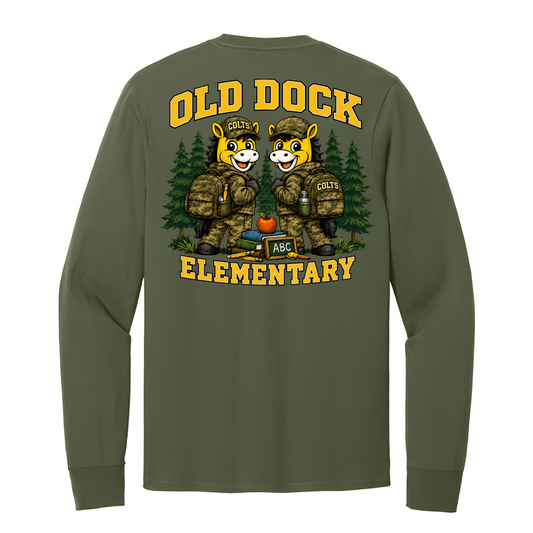 Adult  Old Dock Elementary School Colts Camo Mascot Long Sleeve