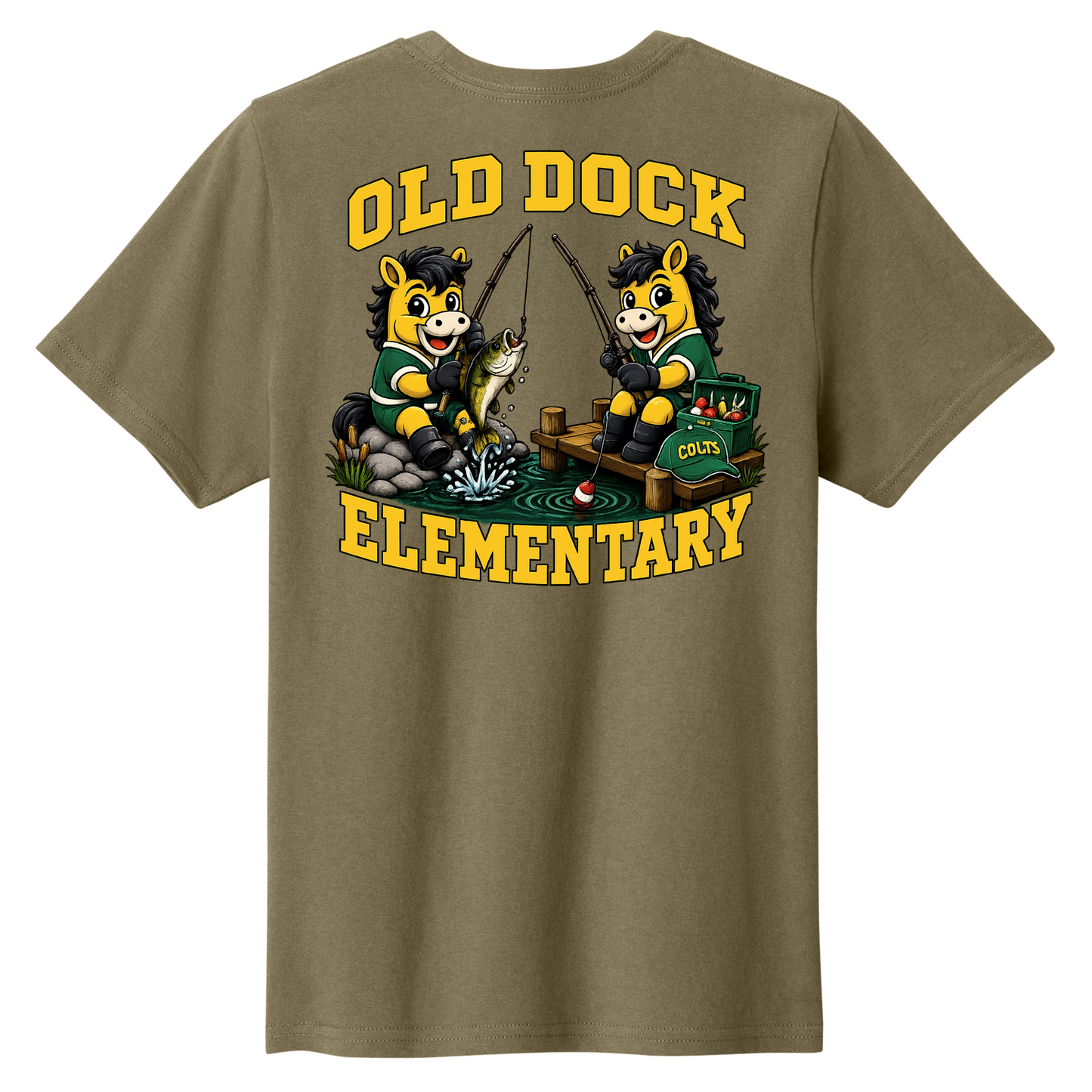 Youth Old Dock Elementary Colts Fishing Mascot Spirit Shirt – Coyote Brown T-Shirt