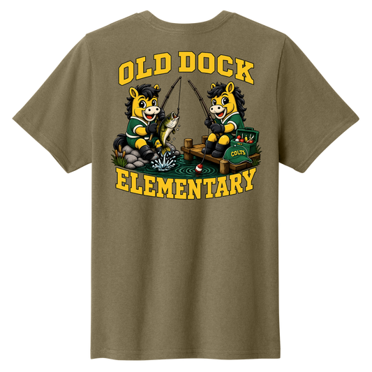 Adult Old Dock Elementary Colts Fishing Mascot Spirit Shirt – Front & Back Design