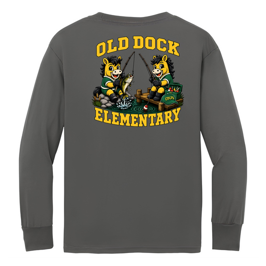 Youth Old Dock Elementary Colts Fishing Mascot Spirit Shirt – Charcoal Long Sleeve