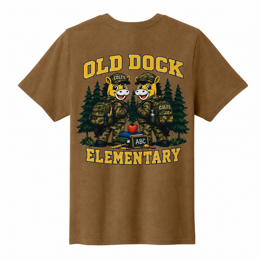 Adult Old Dock Elementary School Colts Camo Mascot Shirt