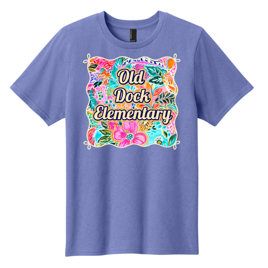 Adult- Old Dock Elementary Colorful Floral School Spirit Shirt – Lavender
