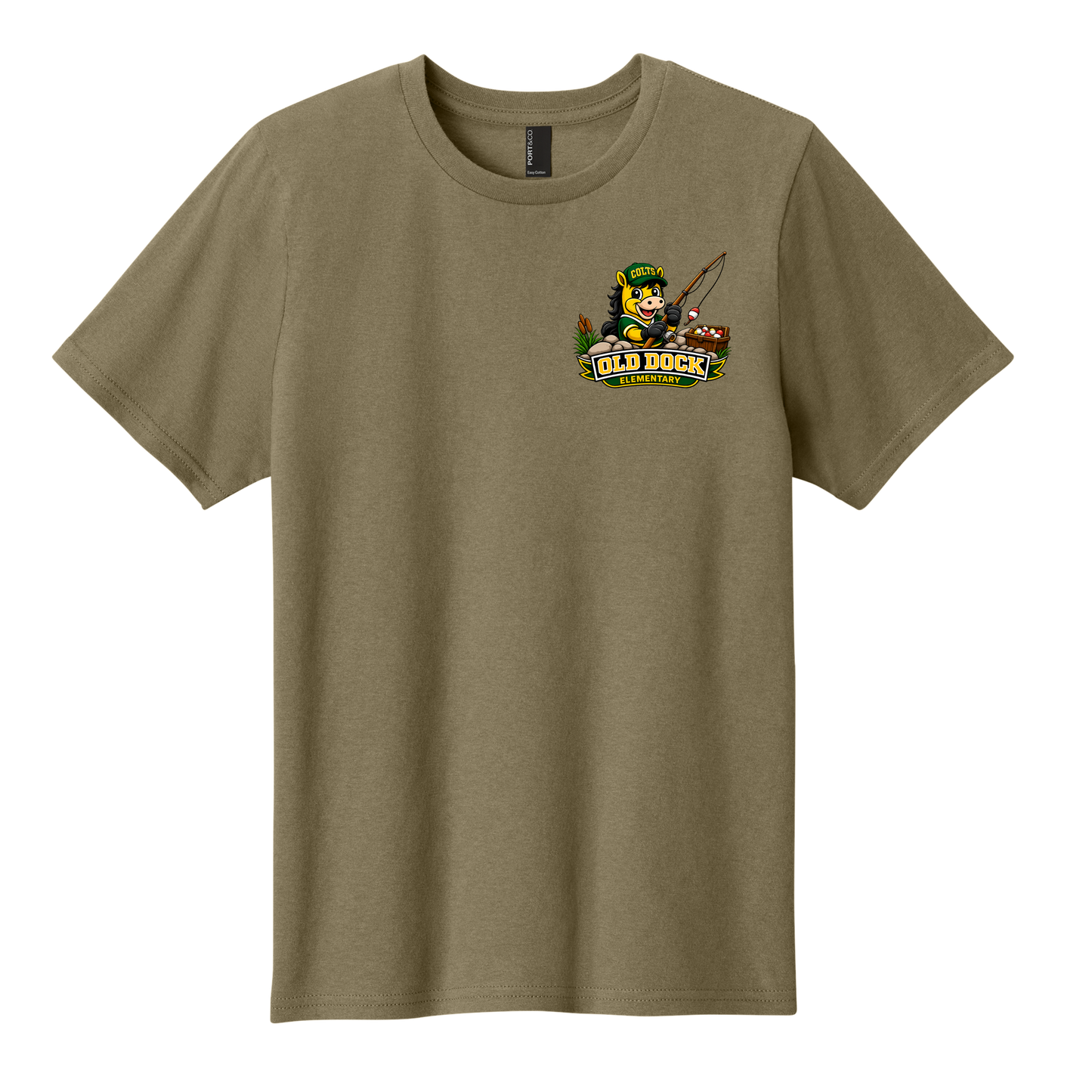 Youth Old Dock Elementary Colts Fishing Mascot Spirit Shirt – Coyote Brown T-Shirt