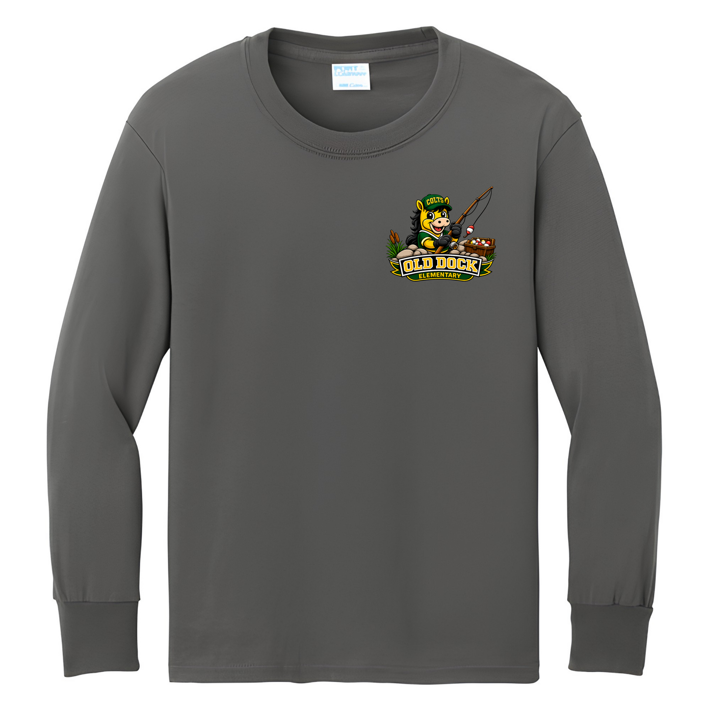 Youth Old Dock Elementary Colts Fishing Mascot Spirit Shirt – Charcoal Long Sleeve