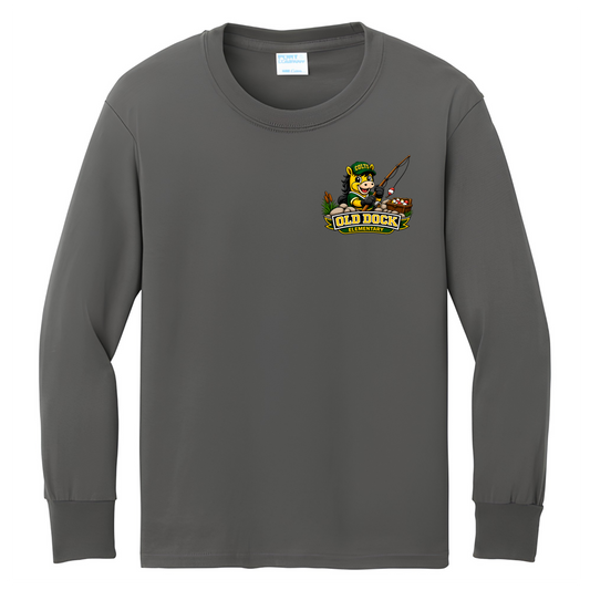 Youth Old Dock Elementary Colts Fishing Mascot Spirit Shirt – Charcoal Long Sleeve