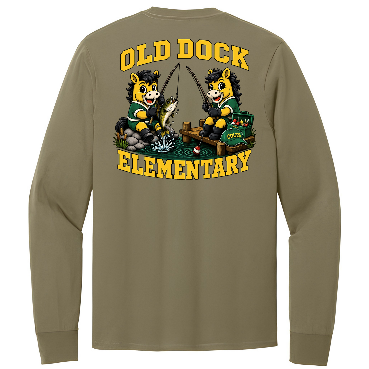 Adult  Old Dock Elementary Colts Fishing Mascot Spirit Shirt – Long Sleeve