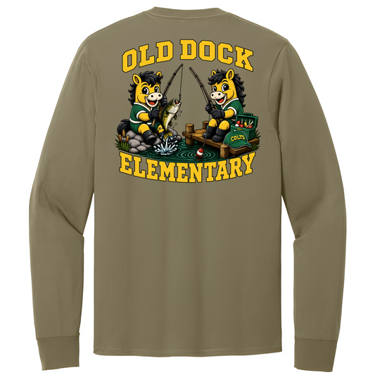 Adult  Old Dock Elementary Colts Fishing Mascot Spirit Shirt – Long Sleeve