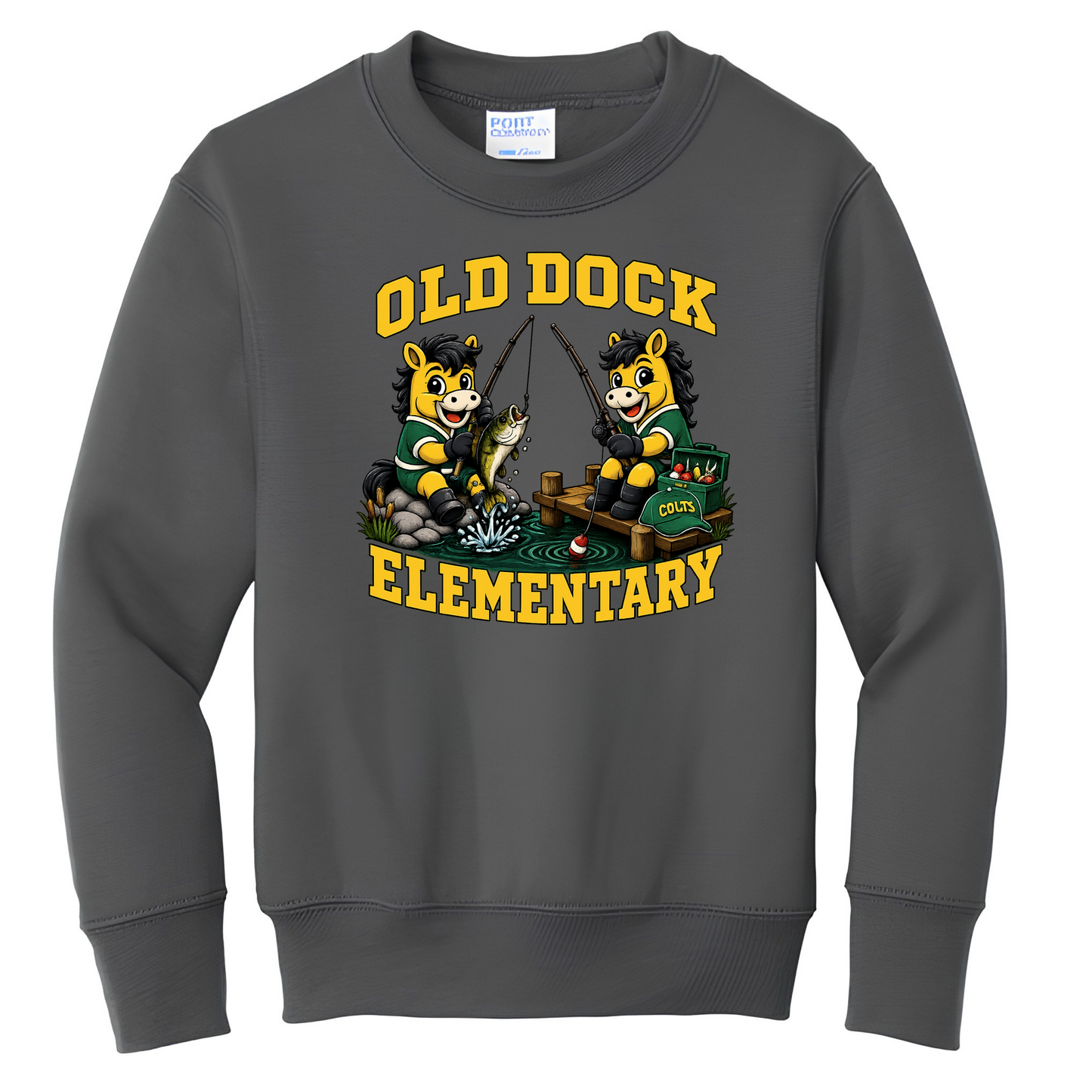 Youth Old Dock Elementary Colts Fishing Mascot Spirit Shirt – Youth Charcoal Sweatshirt