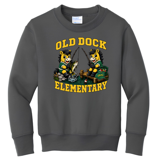 Youth Old Dock Elementary Colts Fishing Mascot Spirit Shirt – Youth Charcoal Sweatshirt