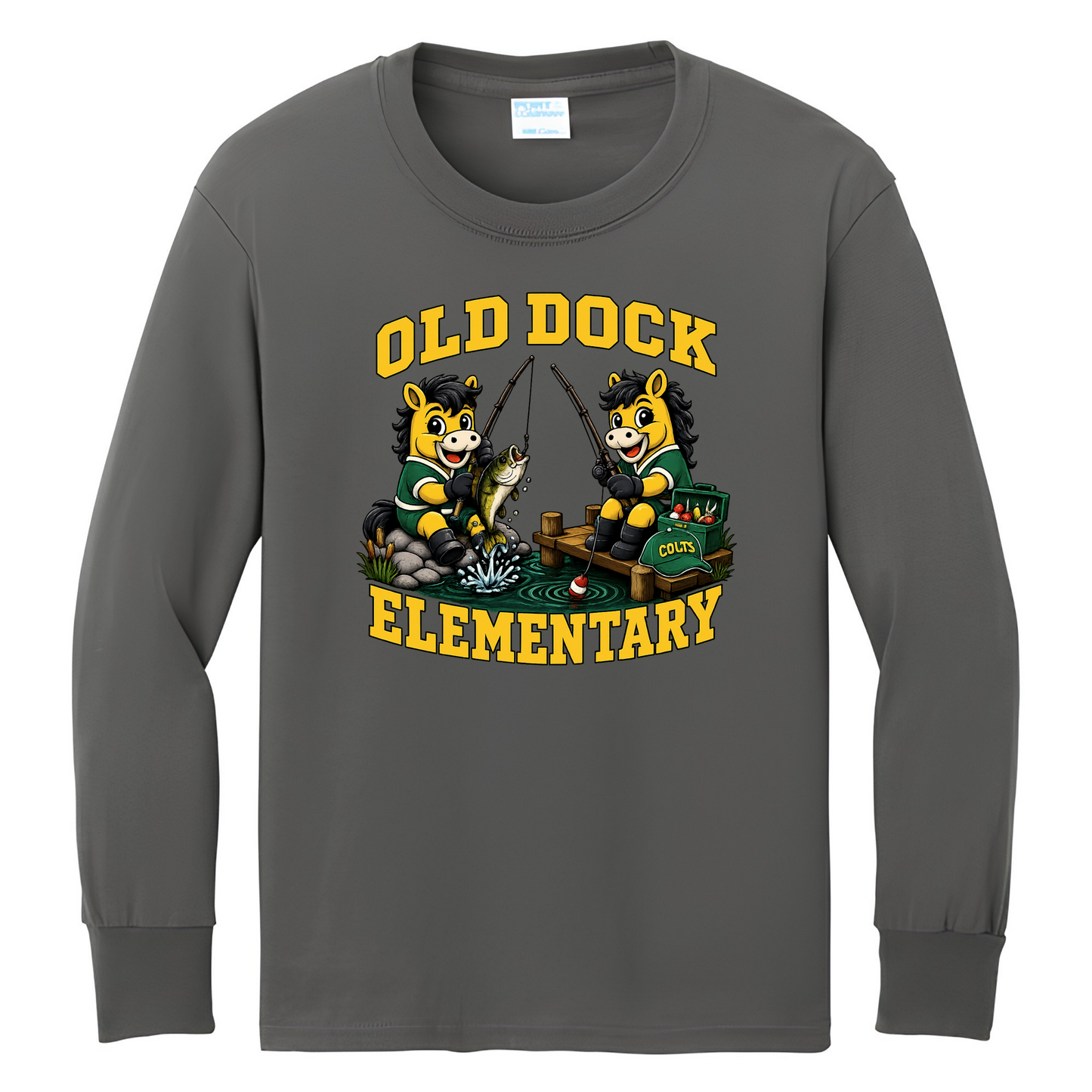 Youth Old Dock Elementary Colts Fishing Mascot Spirit Shirt – Charcoal Long Sleeve