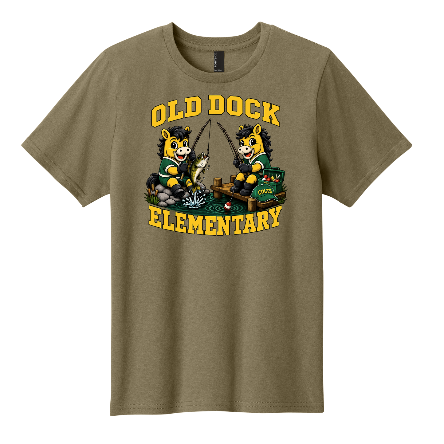 Youth Old Dock Elementary Colts Fishing Mascot Spirit Shirt – Coyote Brown T-Shirt