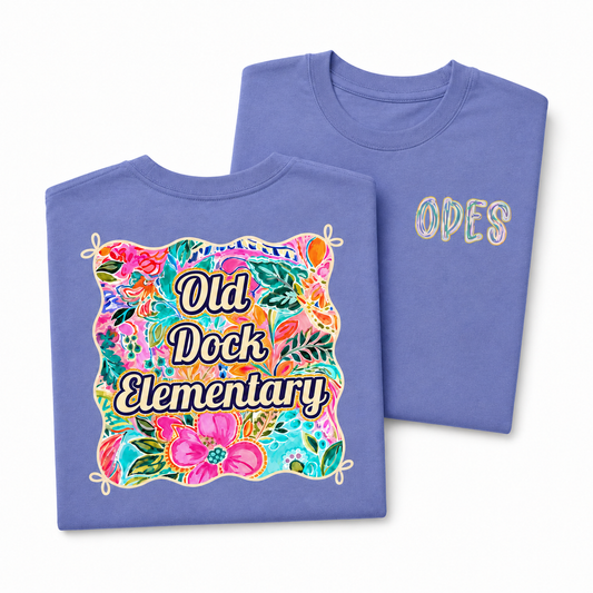 Adult- Old Dock Elementary Colorful Floral School Spirit Shirt – Lavender