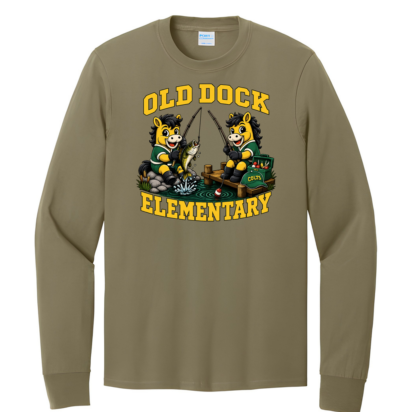 Adult  Old Dock Elementary Colts Fishing Mascot Spirit Shirt – Long Sleeve