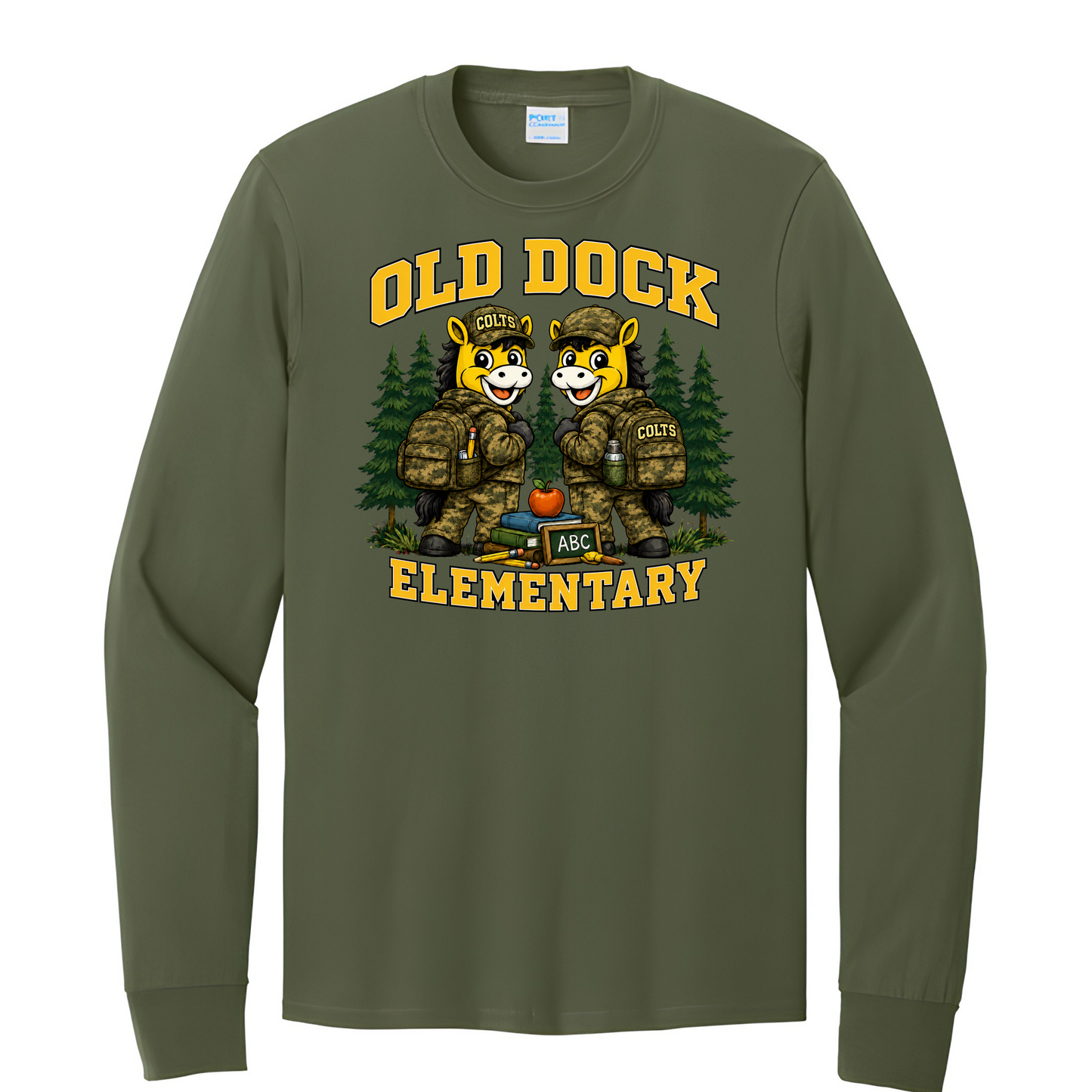 Adult  Old Dock Elementary School Colts Camo Mascot Long Sleeve
