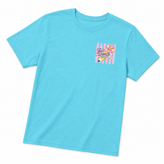Adult-Old Dock Elementary Pencil & Pink Bow School Spirit Shirt Blue Wave