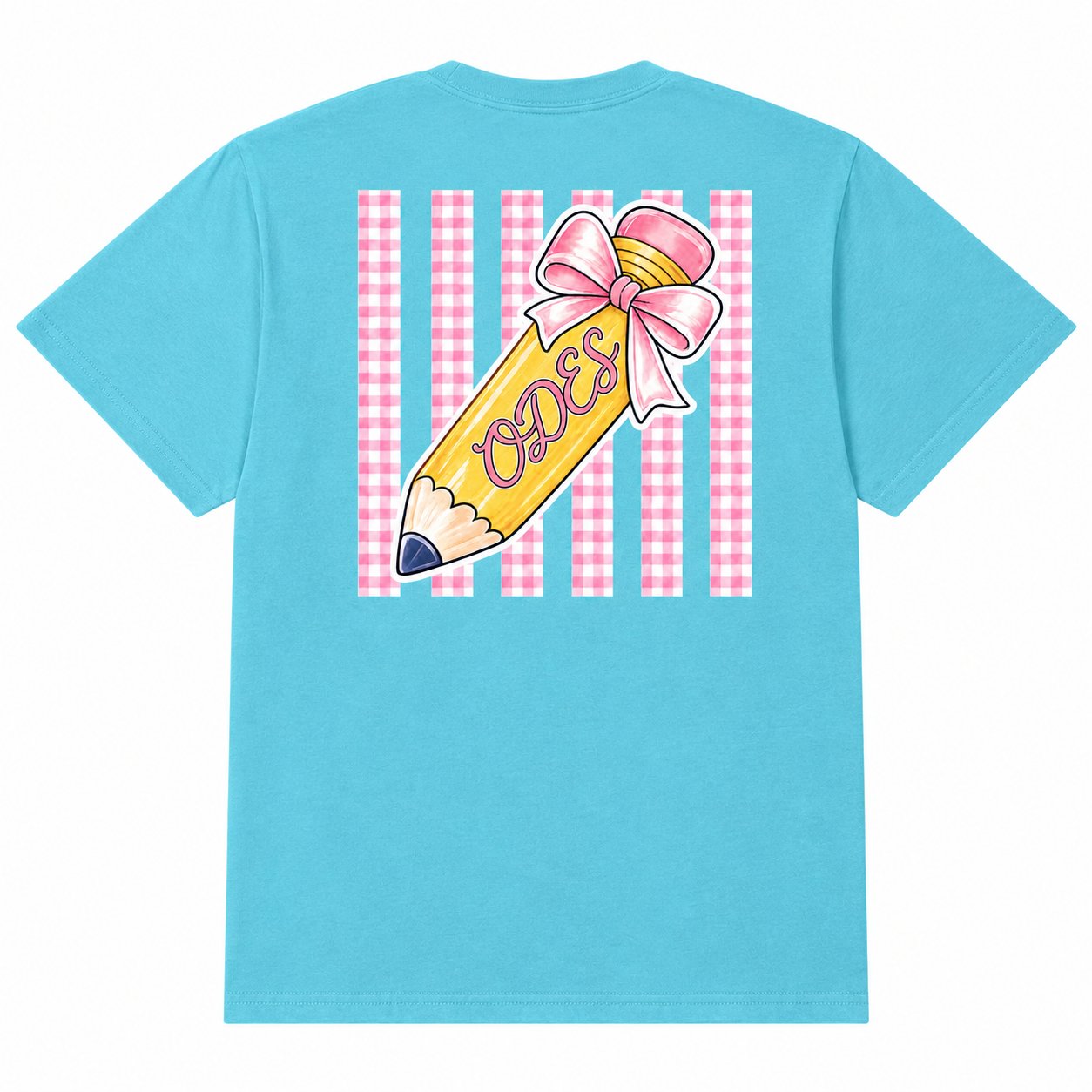 Adult-Old Dock Elementary Pencil & Pink Bow School Spirit Shirt Blue Wave