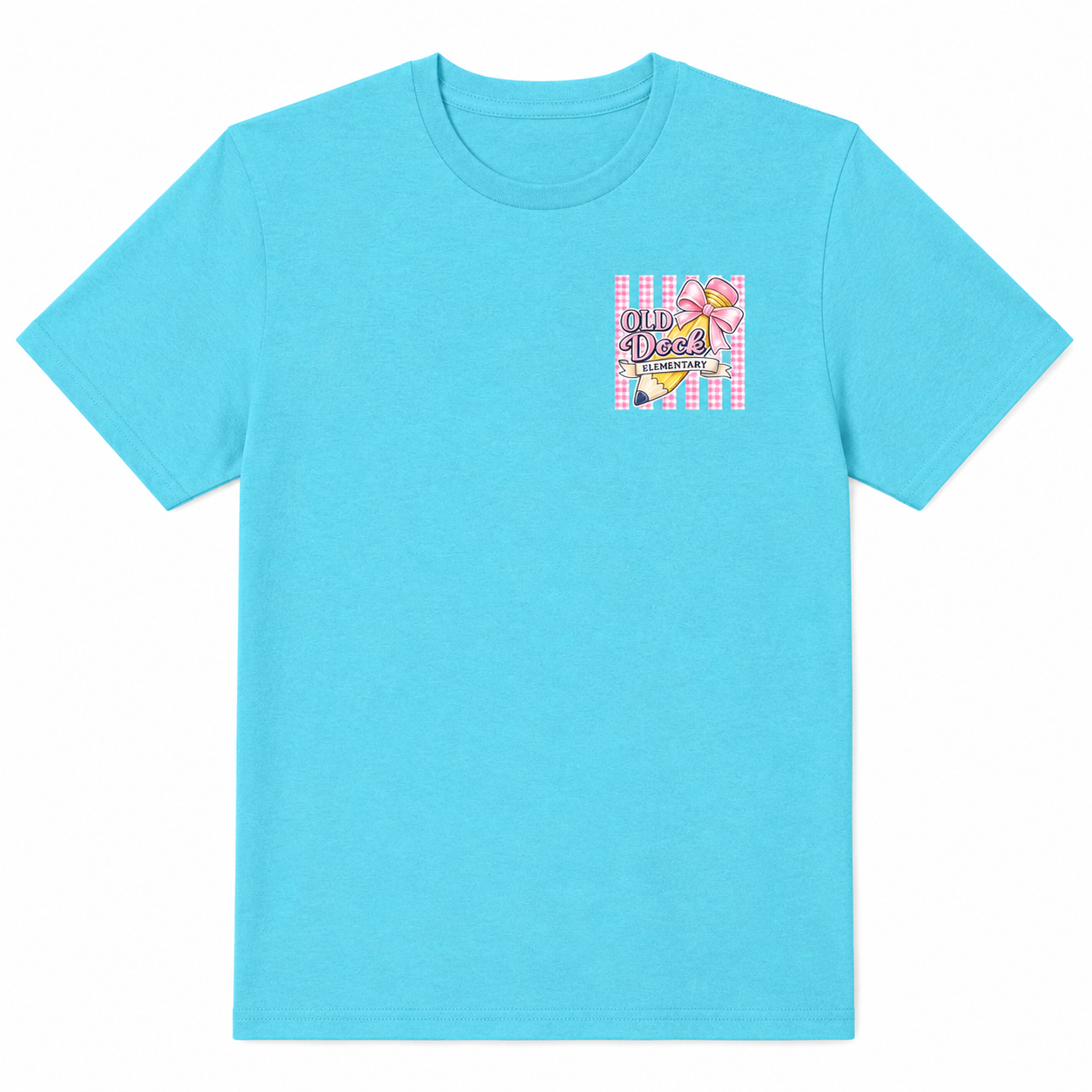 Adult-Old Dock Elementary Pencil & Pink Bow School Spirit Shirt Blue Wave
