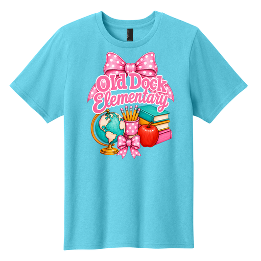 Youth - Old Dock Elementary Pink Bow School Spirit Shirt Blue Wave