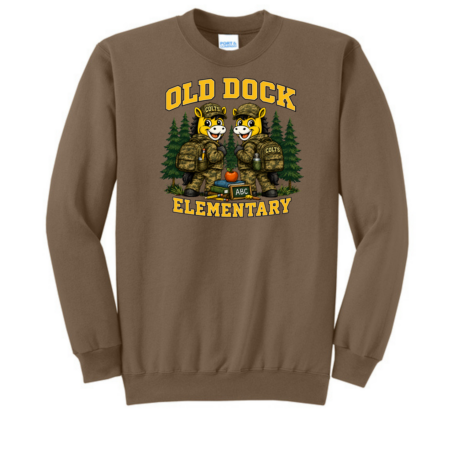 Adult Old Dock Elementary School Colts Camo Mascot Sweater