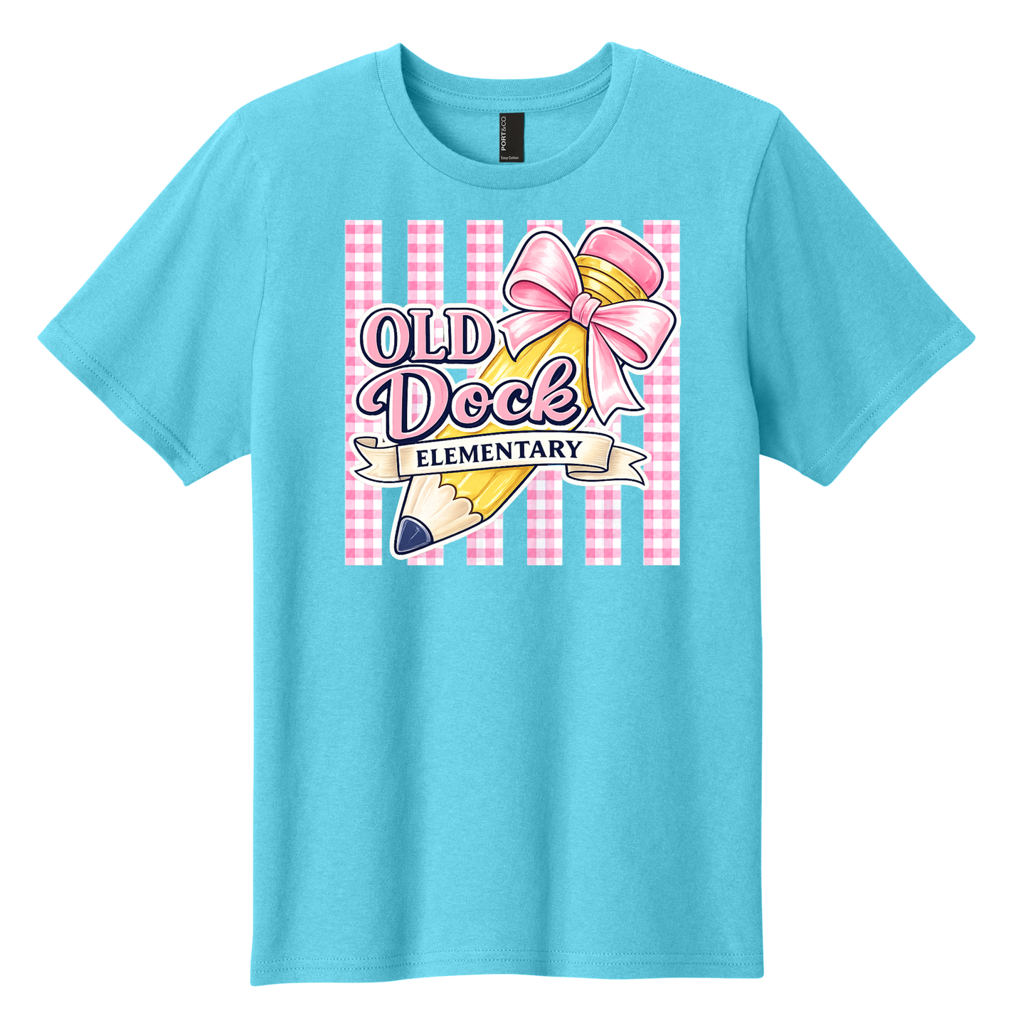 Adult-Old Dock Elementary Pencil & Pink Bow School Spirit Shirt Blue Wave