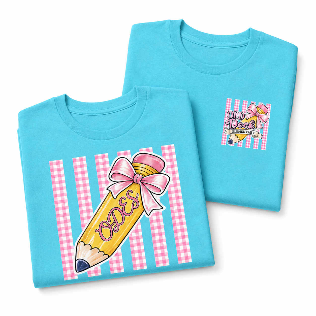 Adult-Old Dock Elementary Pencil & Pink Bow School Spirit Shirt Blue Wave