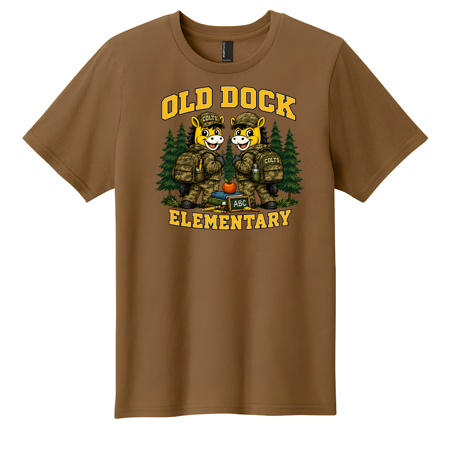Adult Old Dock Elementary School Colts Camo Mascot Shirt